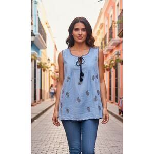 DB established 1962 blue paisley embroidered  sleeveless blouse size L EUC  used